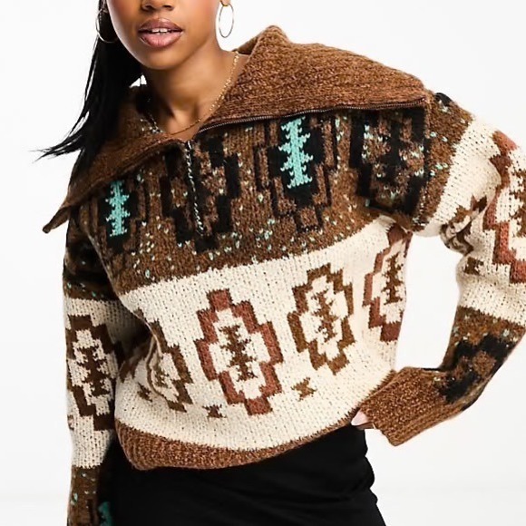 Woven Heart Sweaters - Brown Teal Southwestern Quarter Zip Sweater XE202311639 Small